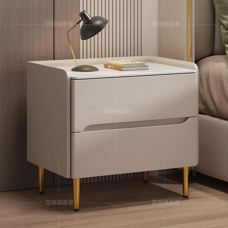 全实木多功能床头柜现代简约密码锁软包床边柜轻奢卧室岩板收纳柜