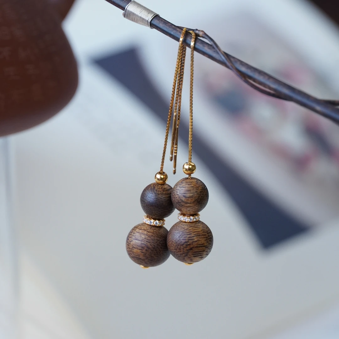 925银木质耳饰 小葫芦 耳环925银