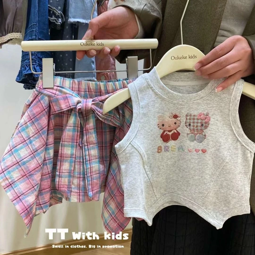 韩版童装女童超好看套装夏季多巴胺穿搭宝宝时髦kt猫背心格子半裙