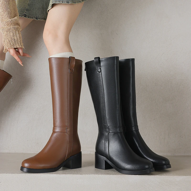 粗跟高跟中跟粗腿靴大筒围真皮高筒靴长筒靴单靴大码女鞋加肥加大