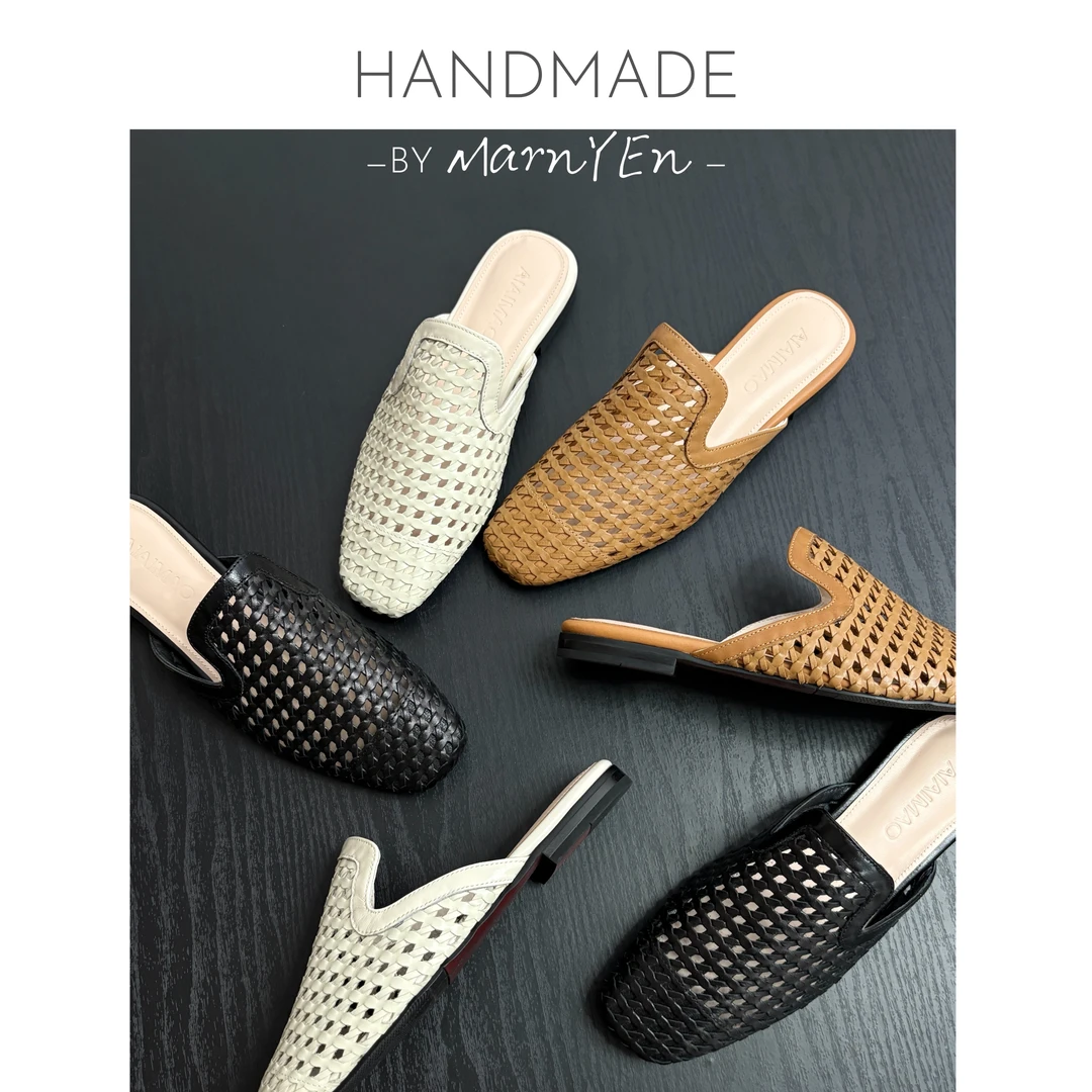 漫言町1.5cm头层小牛皮超软手工编织度假风包头拖鞋平底老钱风