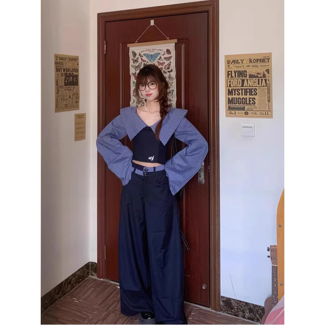 高级感一字肩衬衫女春季条纹拼接学院风修身显瘦上衣阔腿裤子套装