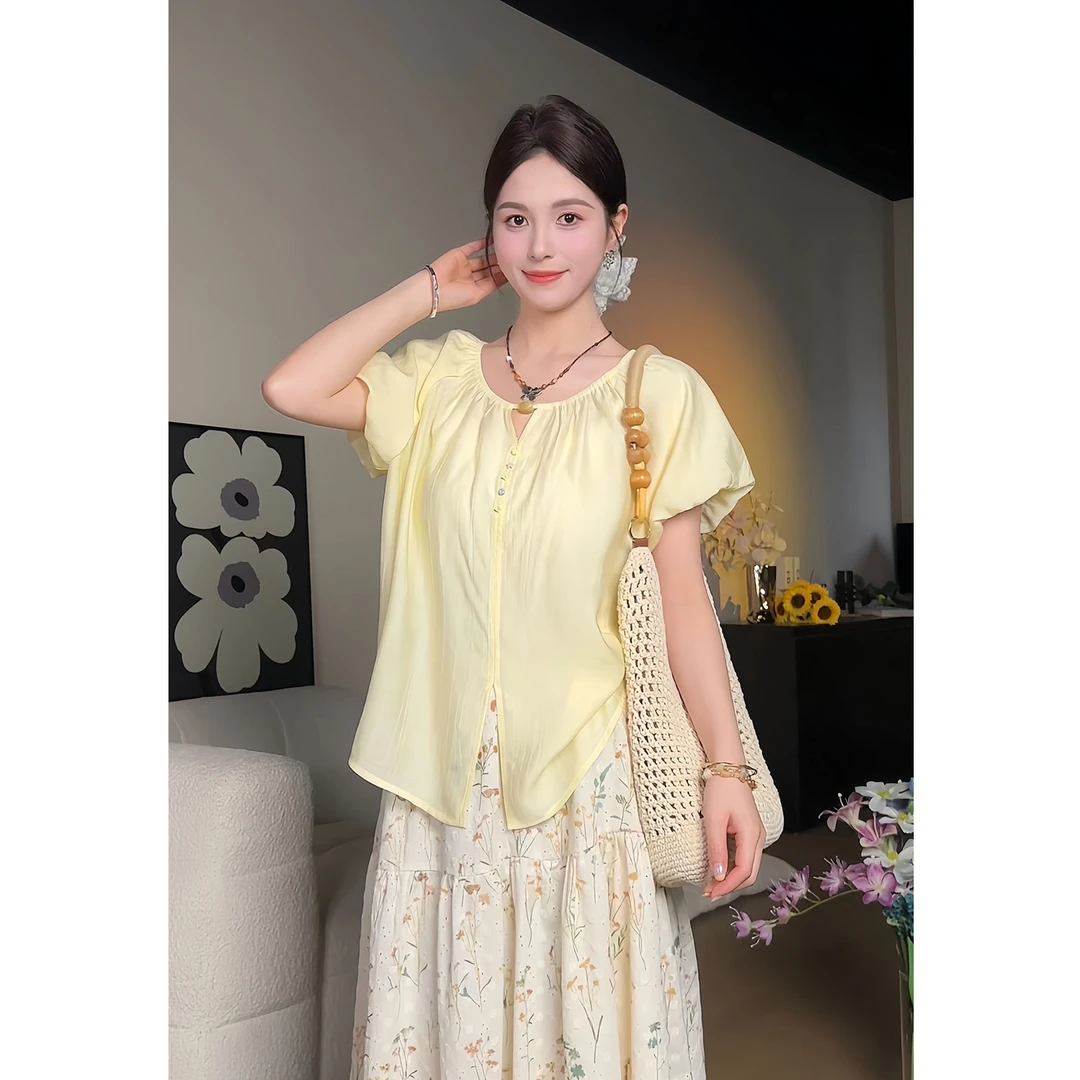 YAMM~法式气质短袖衬衫女2025夏季设计感泡泡袖衬衣