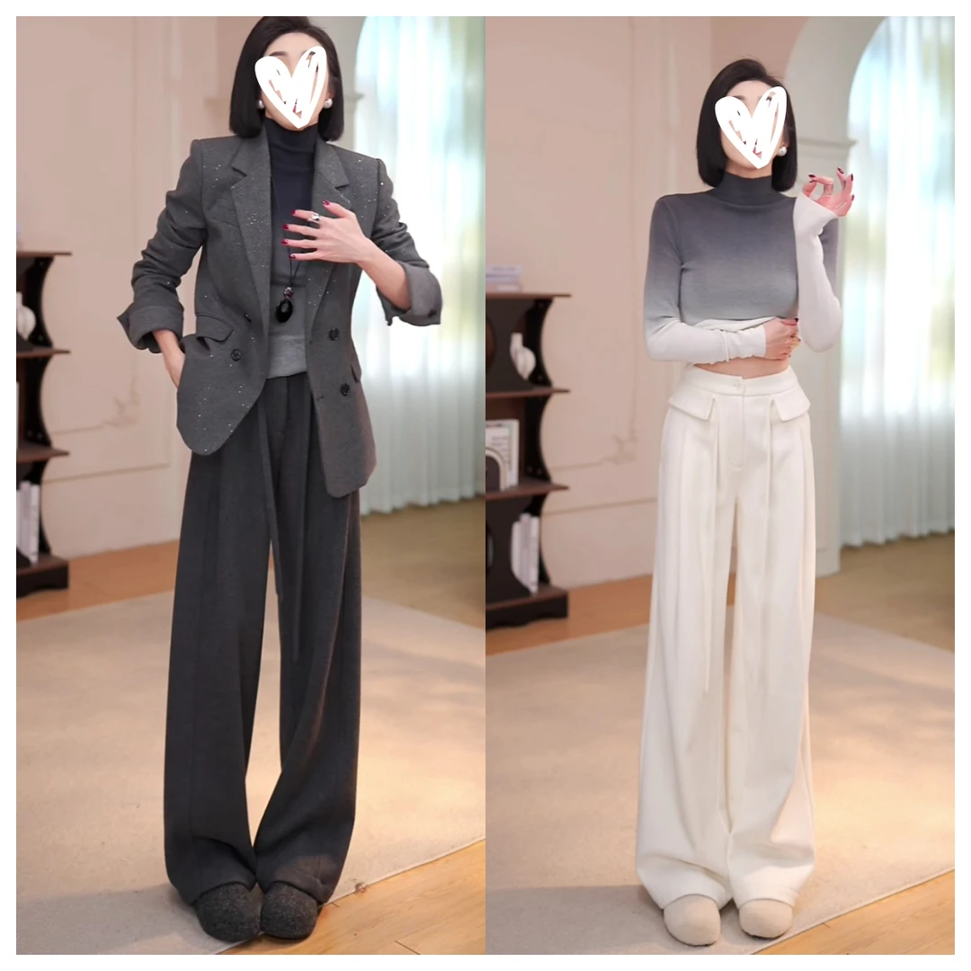 秋冬款高腰加绒长裤女直筒窄版阔腿裤百搭保暖宽松W1178