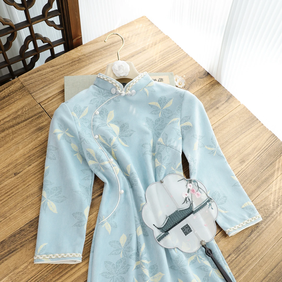俏娘鱼蓝色改良新中式长袖旗袍女2025秋季新款优雅淑女范日常可穿