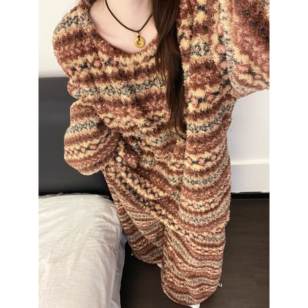 复古设计感条纹毛绒绒睡衣女秋冬季新款加厚保暖可外穿家居服套装
