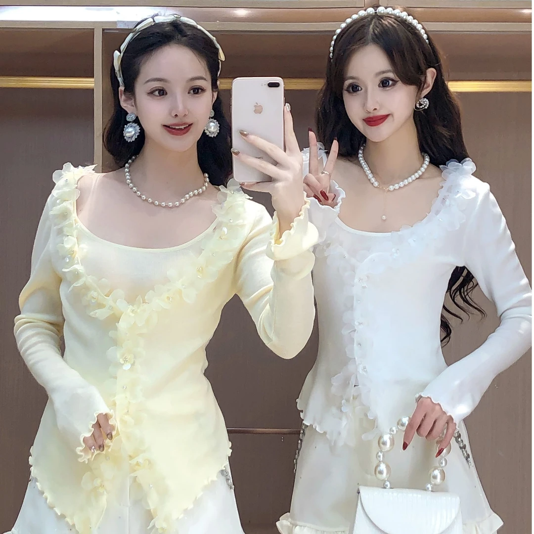 艾日秀洋气甜美减龄立体花朵亮片假两件修身显瘦针织衫 E8933