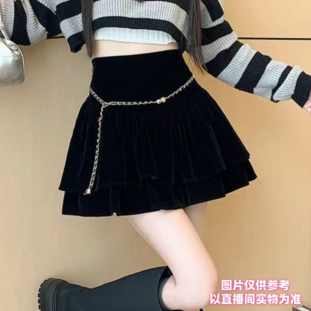 美*秋款链条百褶蛋糕短裙防走光不规则设计感中高腰显瘦百搭