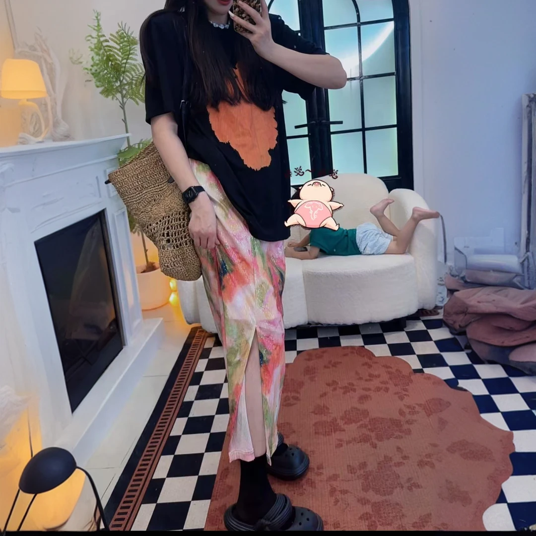 大萍子家 亮片气质时尚百搭水彩画压褶女士半身裙4560