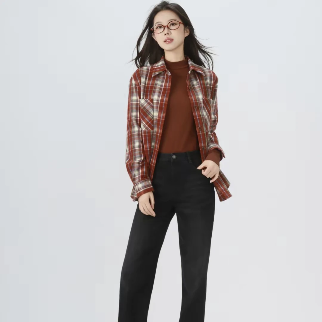 哥弟美拉德风通勤百搭复古单排扣衬衣宽松格纹长袖衬衫女1400458