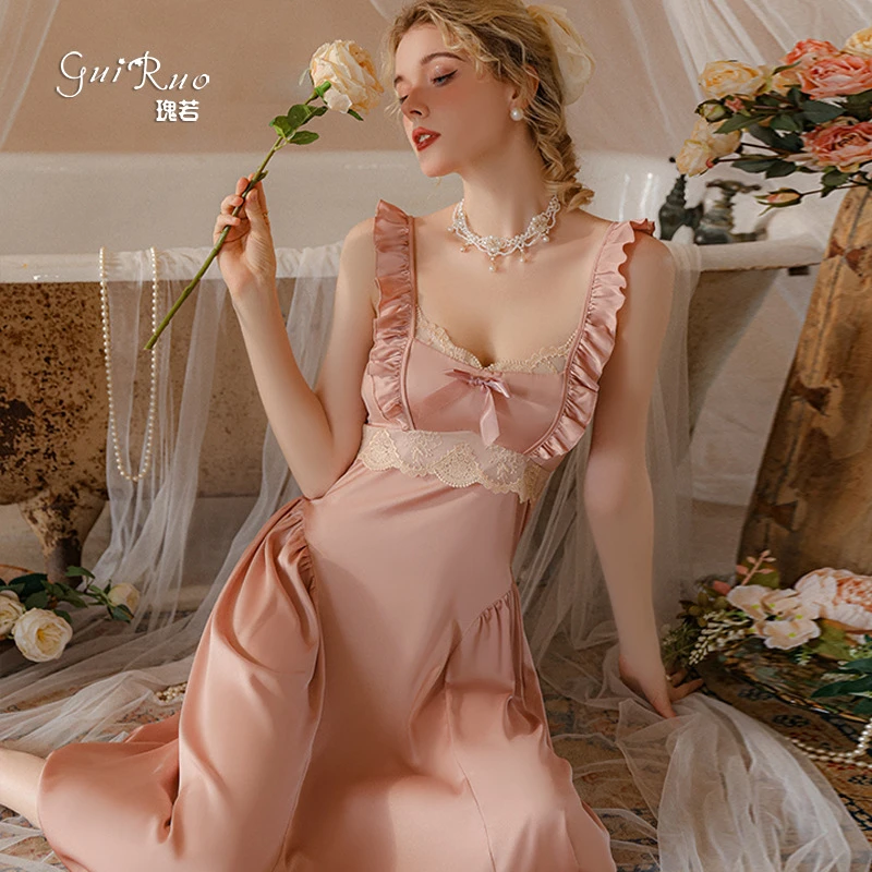 缎面蕾丝加胸垫飞袖性感镂空诱惑修身显瘦吊带睡裙家居服