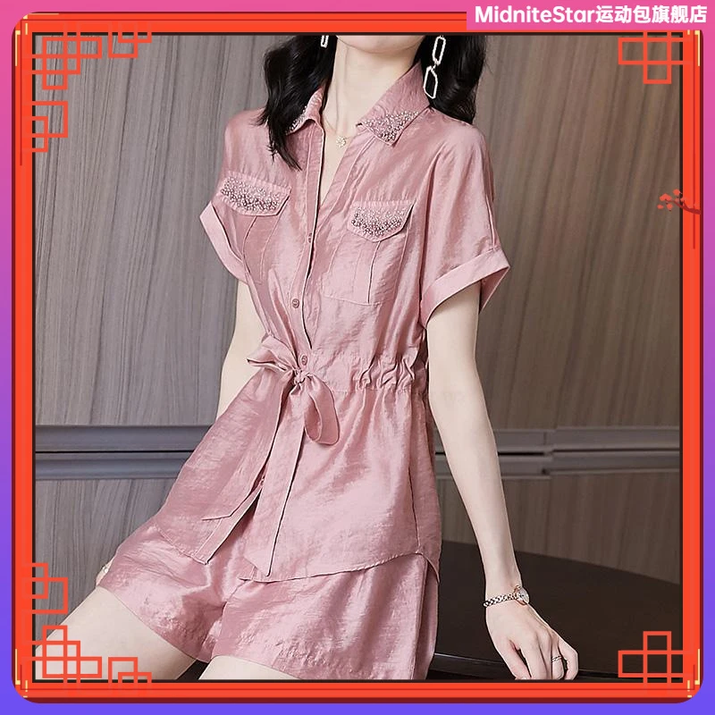 1夏季2024年新款干练气质女装粉色套装韩式温柔上衣短裤两件套l