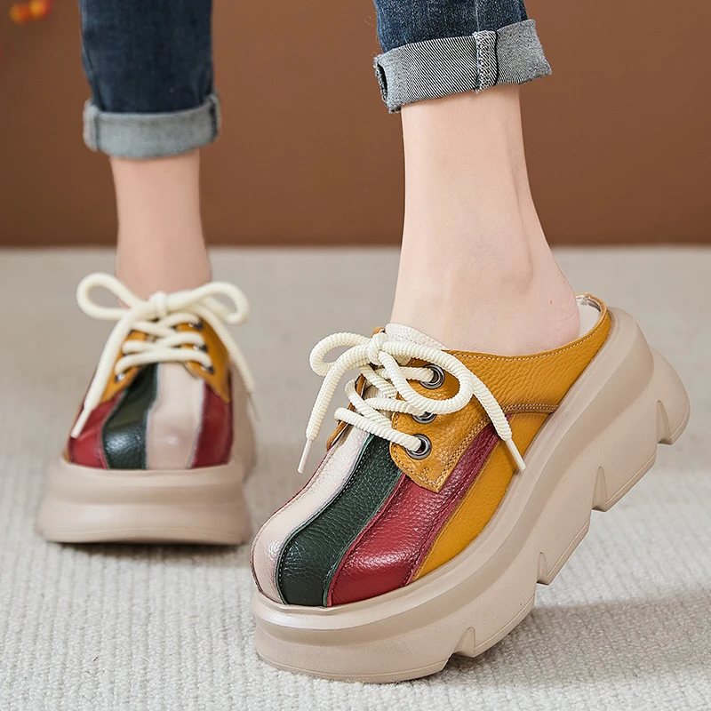 嫔妃丽人真皮中国风复古撞色拼接厚底坡跟时尚学院风民族风女拖鞋