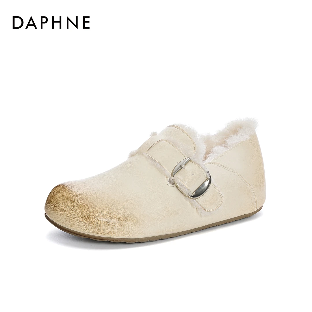 【达芙妮】复古皮面擦色加绒秋冬外穿一脚蹬保暖勃肯毛毛鞋 跟高2.7