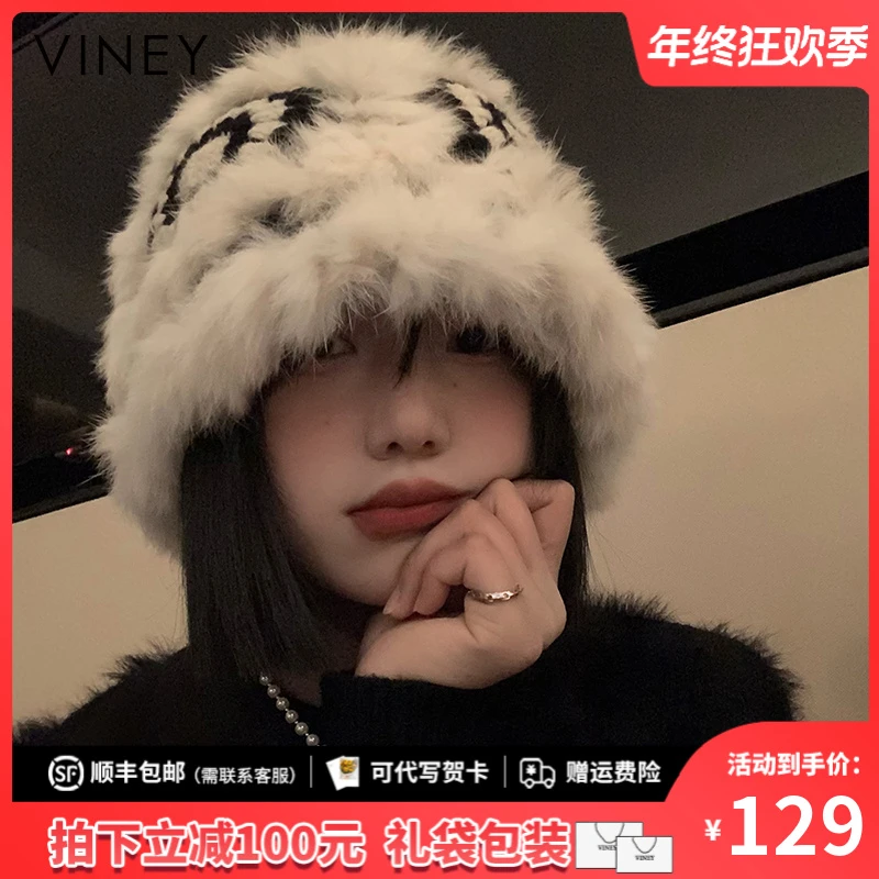 Viney毛绒渔夫帽女秋冬针织毛帽子显脸小保暖醒狮帽大头围毛线帽