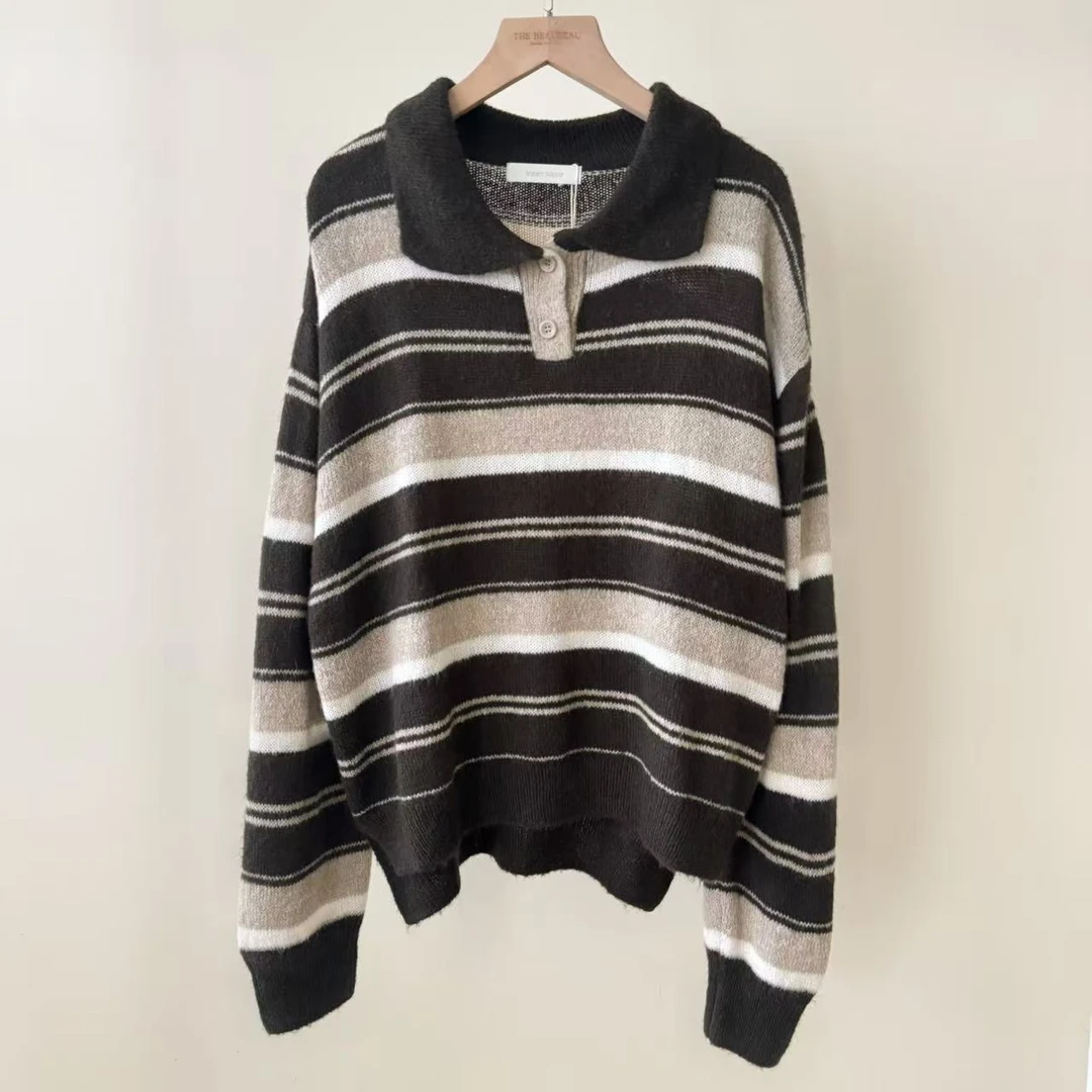 伦敦码头复古撞色条纹翻领针织衫（小众设计师品牌款0182)