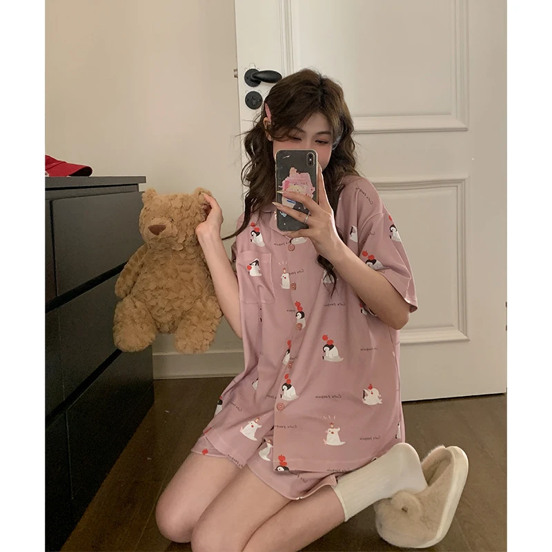 超柔软纯棉睡衣女夏季薄款短袖可外穿卡通企鹅印花宽松家居服套装