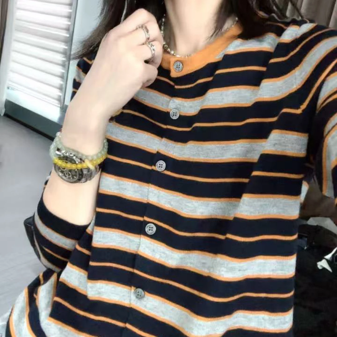 秋季新款撞色条纹南瓜刺绣开衫毛衣