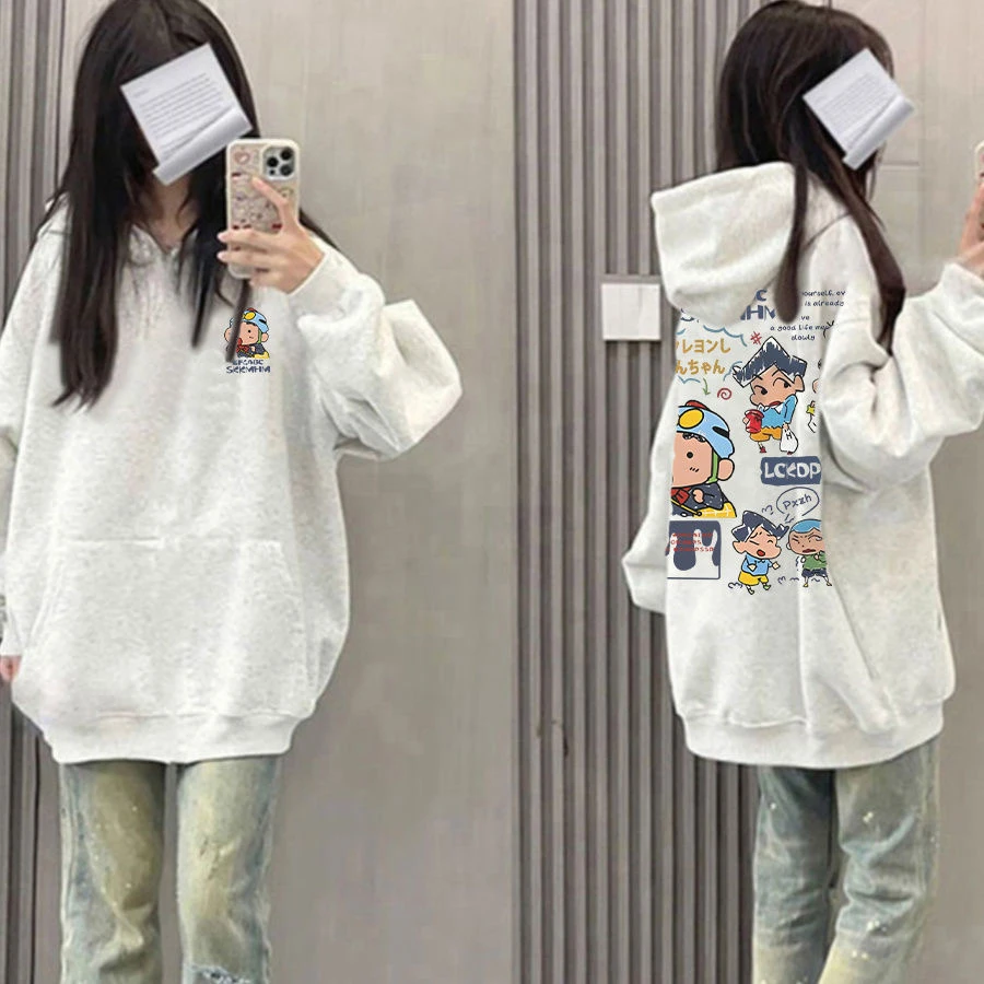 宽松型慵懒风套头秋季情侣款卫衣潮流运动加绒时尚韩版卡通长袖