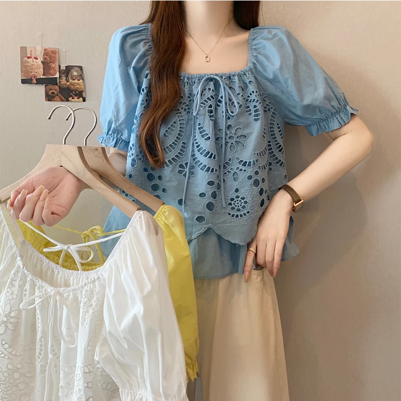 法式泡泡袖立体花朵蕾丝拼接娃娃衫2025夏镂空蝴蝶结显瘦衬衫上衣