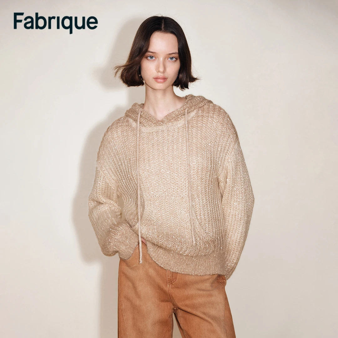 Fabrique Stella 秋冬新品金棕亮片马海毛微透连帽休闲针织毛衣