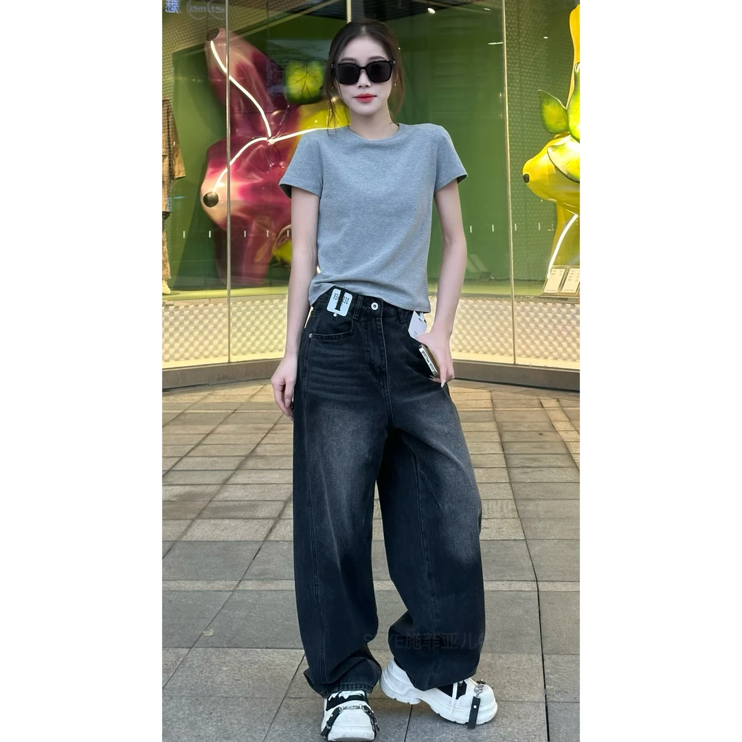 早春新品女[夜巴黎黑天鹅]弯刀裤遮腿型显白显瘦黑色牛仔QH6603