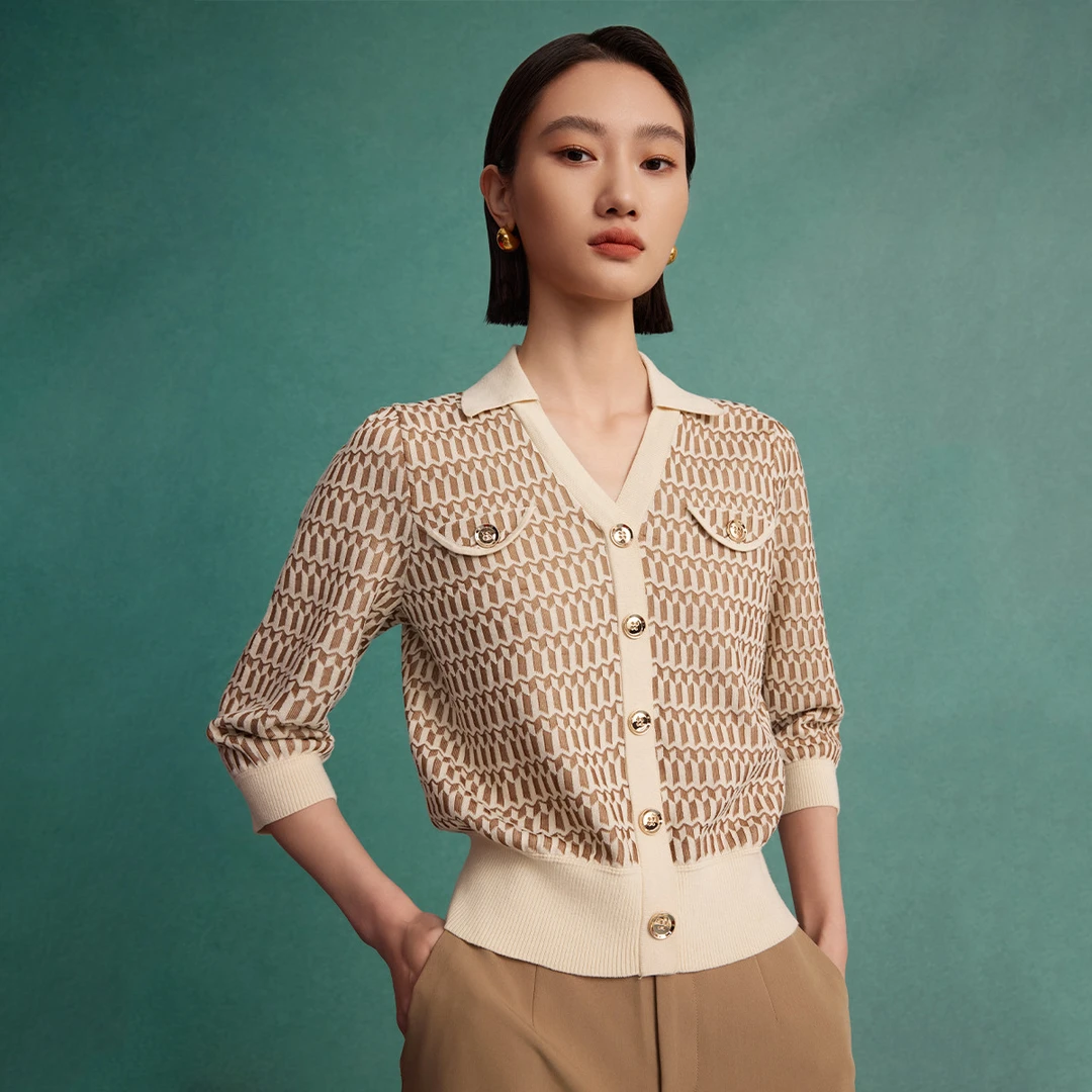【薇薇专属】气质POLO领针织衫女秋季时尚撞色印花七分袖套头衫