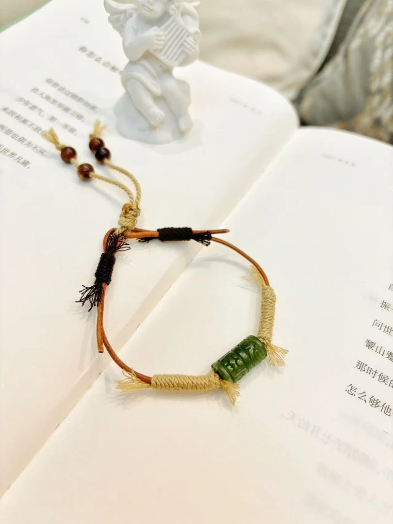 【碧节】纯天然和田玉碧玉直筒手工编织手链（多样性发其一）