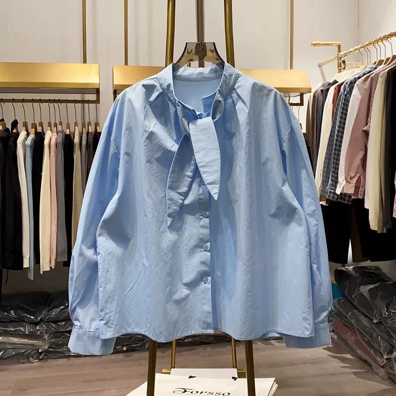 文艺小清新复古设计蝴蝶结纯色长袖衬衫2025夏季气质宽松百搭上衣