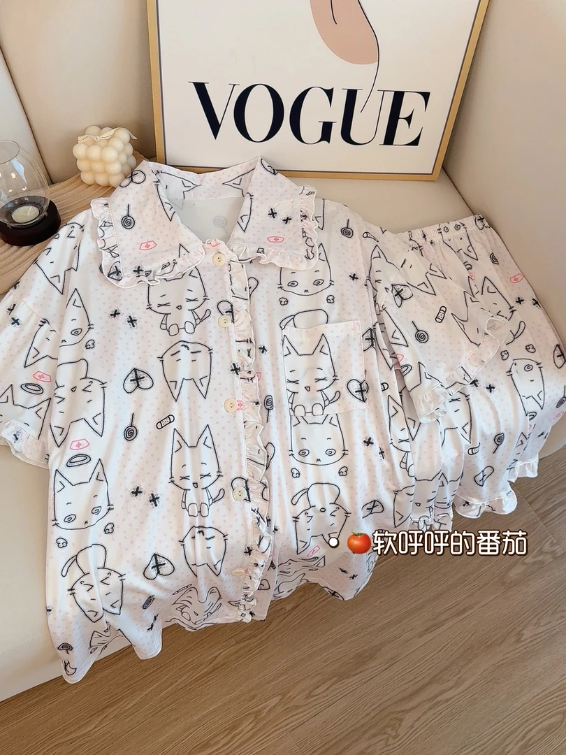 线条猫咪｜可爱卡通印花短袖睡衣女夏季亲肤舒适甜美开衫家居服