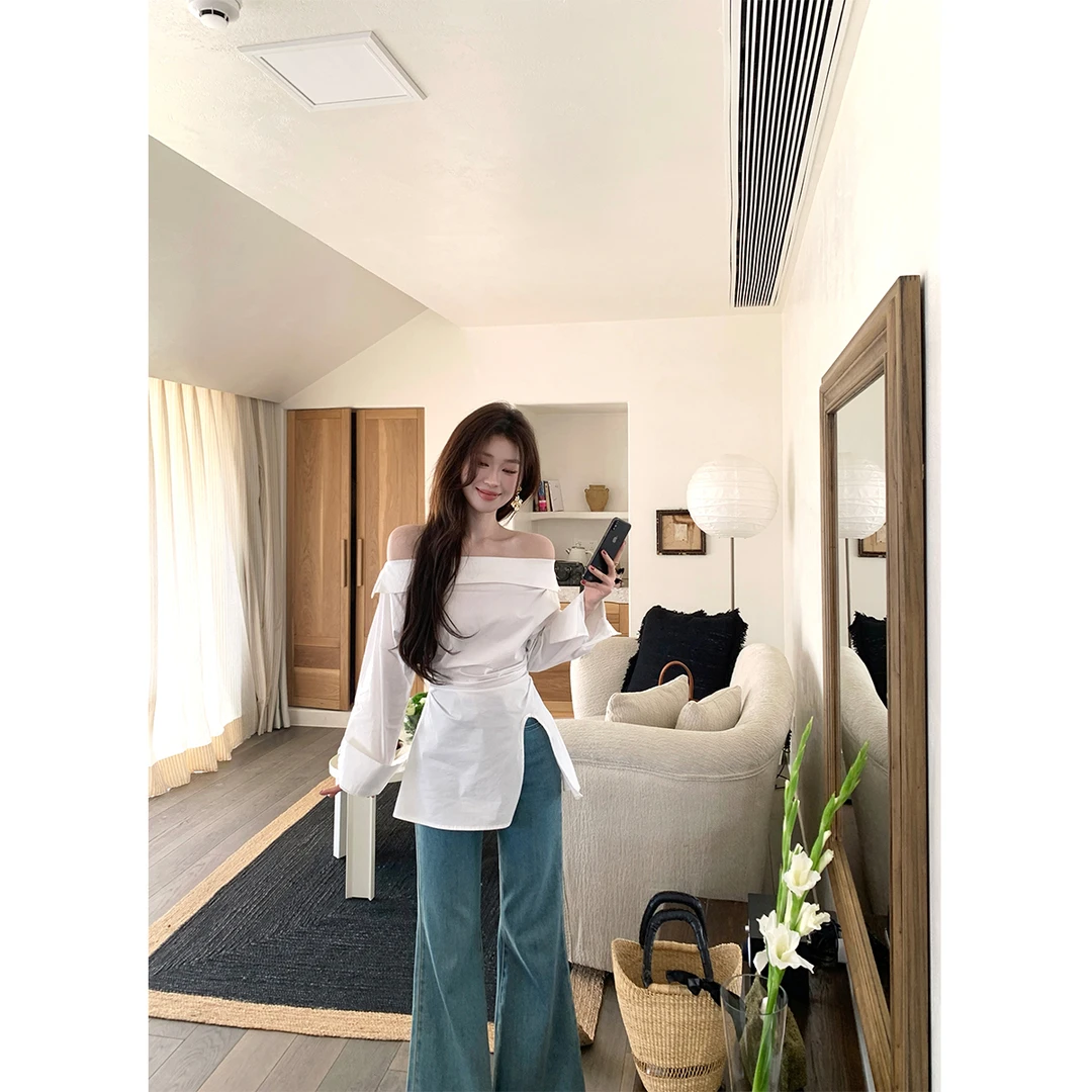 MARIE.COCO纯欲风设计感露肩长袖上衣女秋季高腰显瘦牛仔裤两件套