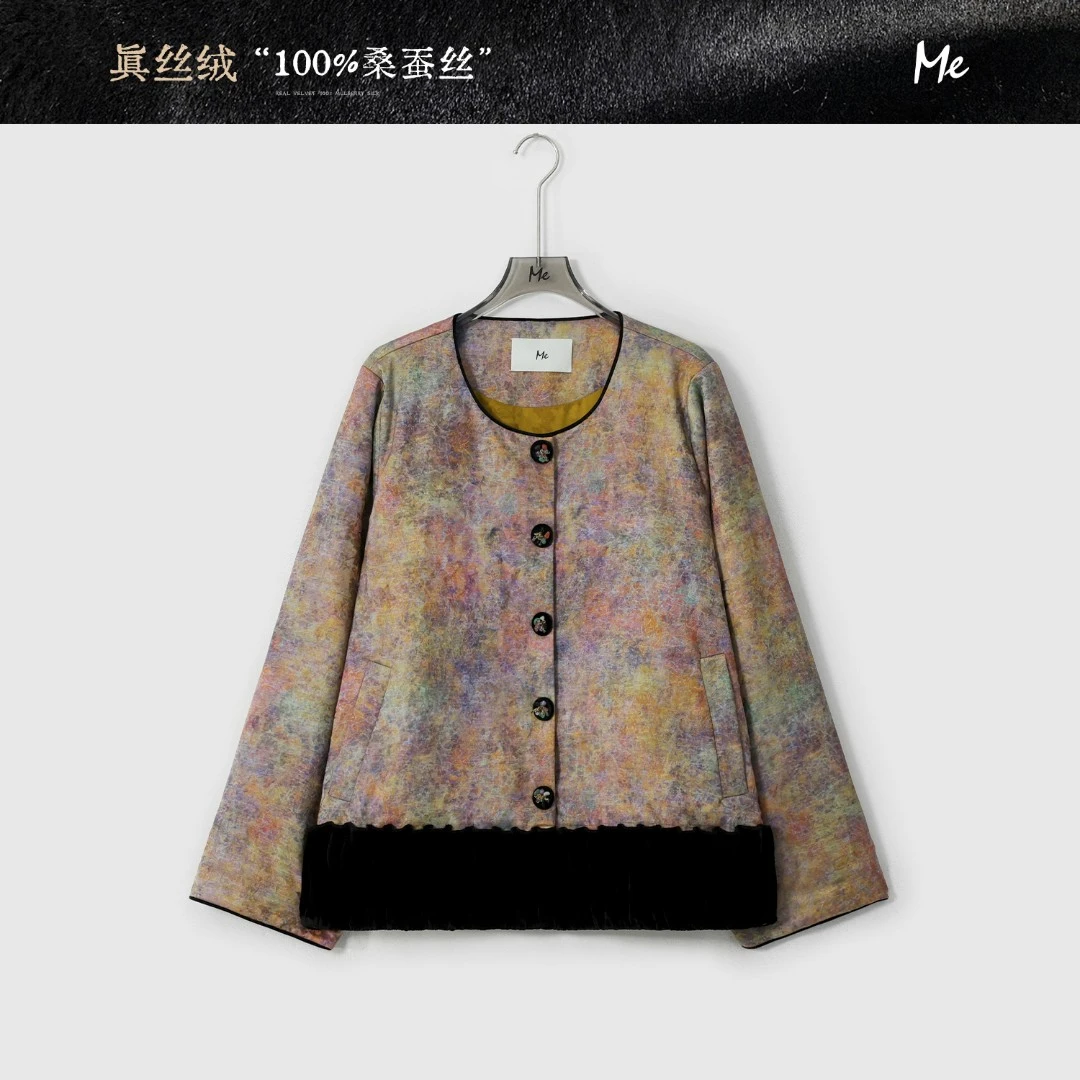 ME【真丝绒浮金软包】100桑蚕丝艺术印花显瘦时尚百搭棉服MESA1341