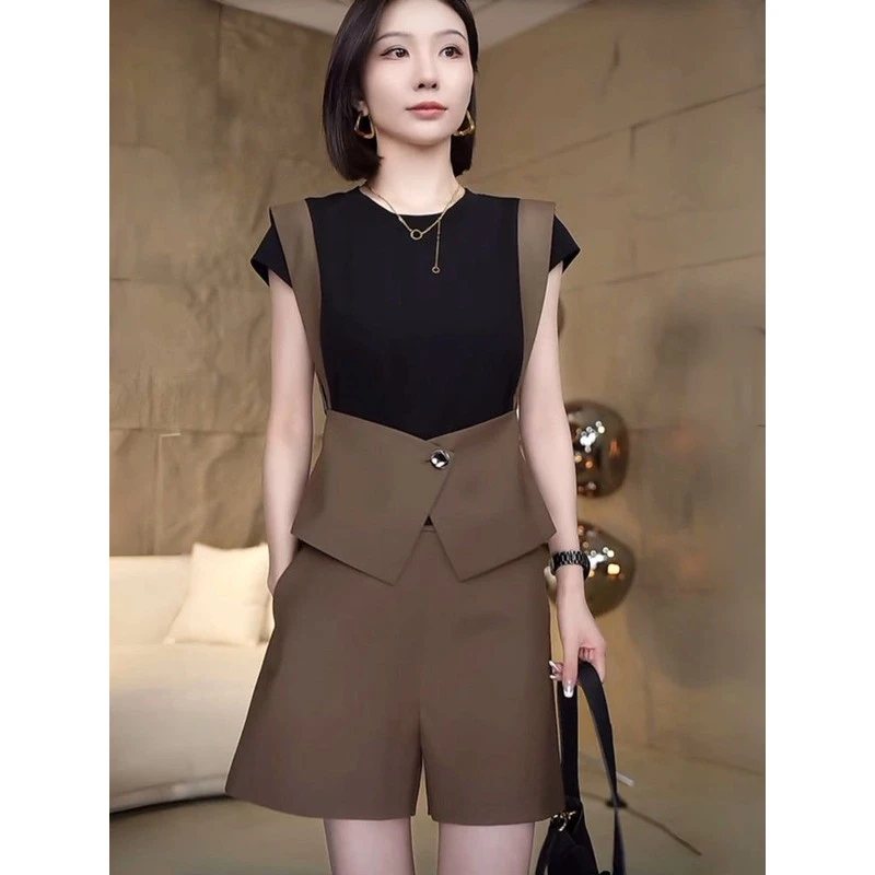 欧货时尚套装女夏季设计感假两件拼接上衣阔腿短裤干练气质两件套