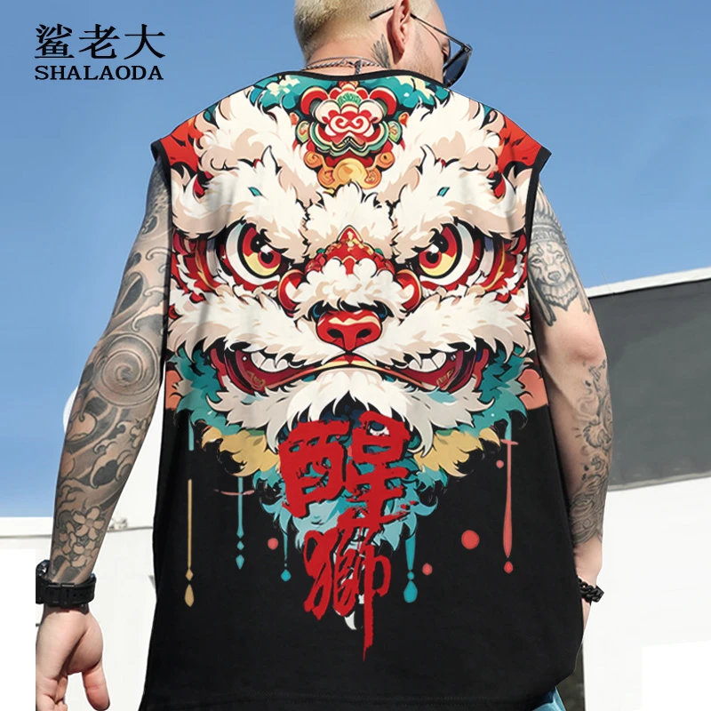 中国风无袖T恤男醒狮印花夏季薄款宽肩背心大码加肥健身坎肩坎袖