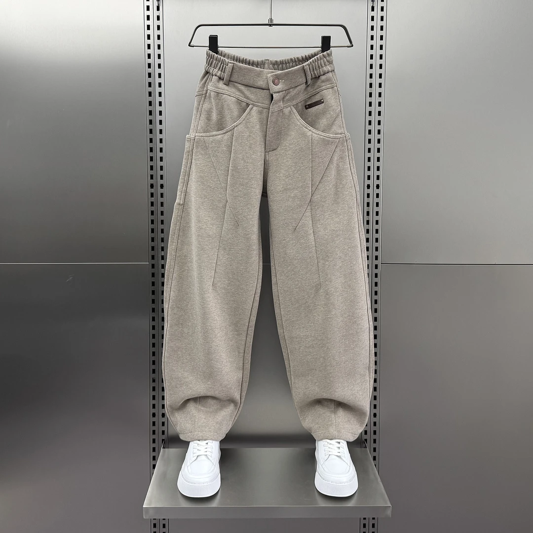 2025秋冬新款灰色弯刀休闲裤男宽松直筒松紧腰加厚毛呢运动卫裤潮