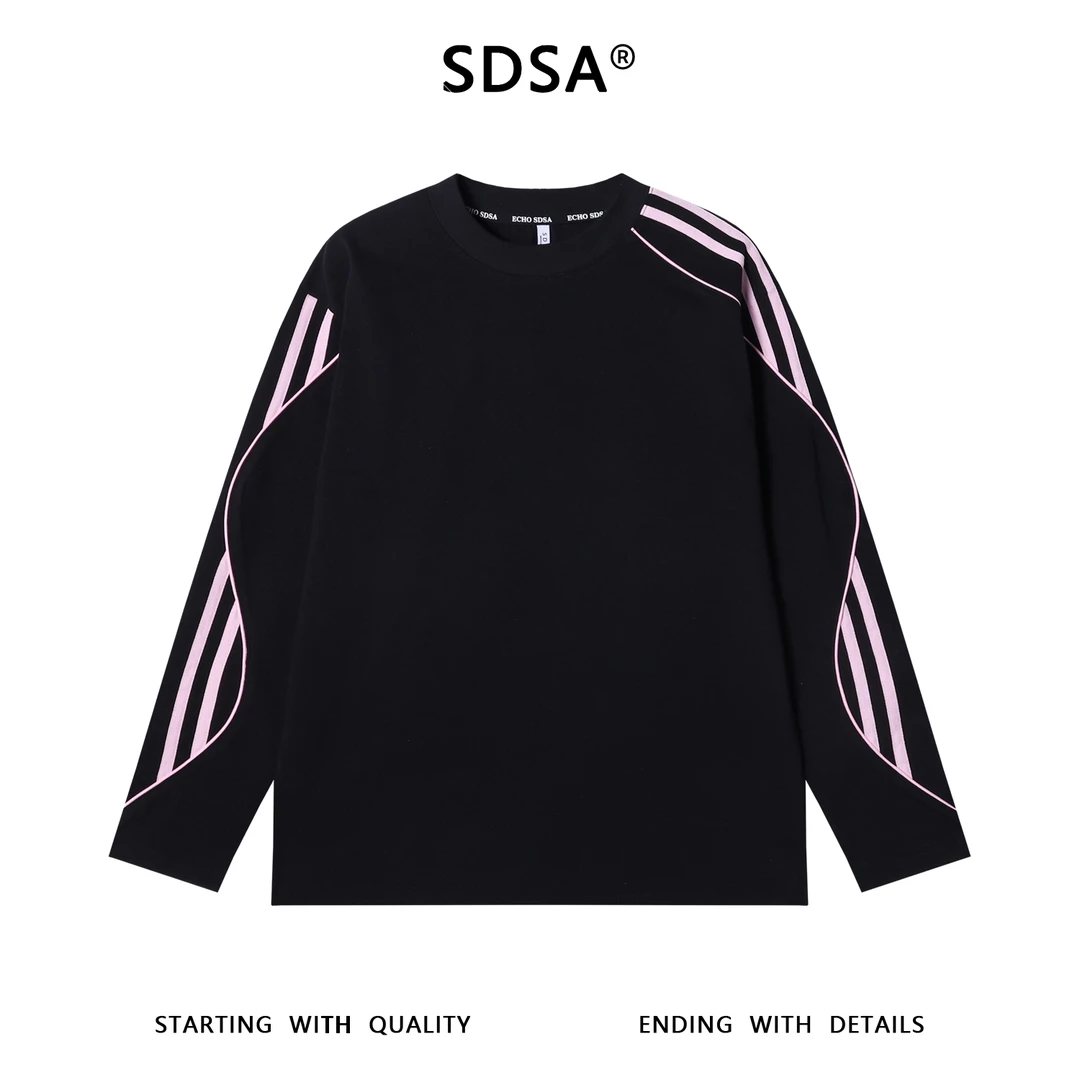 SDSA男士秋冬新款轻奢痞帅男装撞色条纹织带圆领长袖T恤高街显瘦