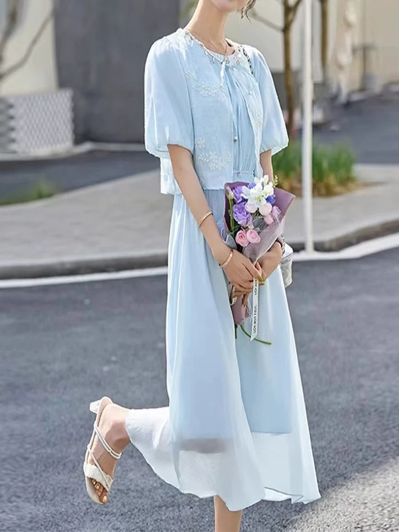 高端休闲套装女中长款2025夏季刺绣马甲连衣裙两件套HJ-2081