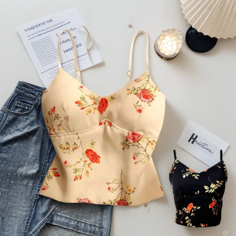 带胸垫打底碎花文胸背心一体美背吊带背心法式外穿裹胸女内搭吊带