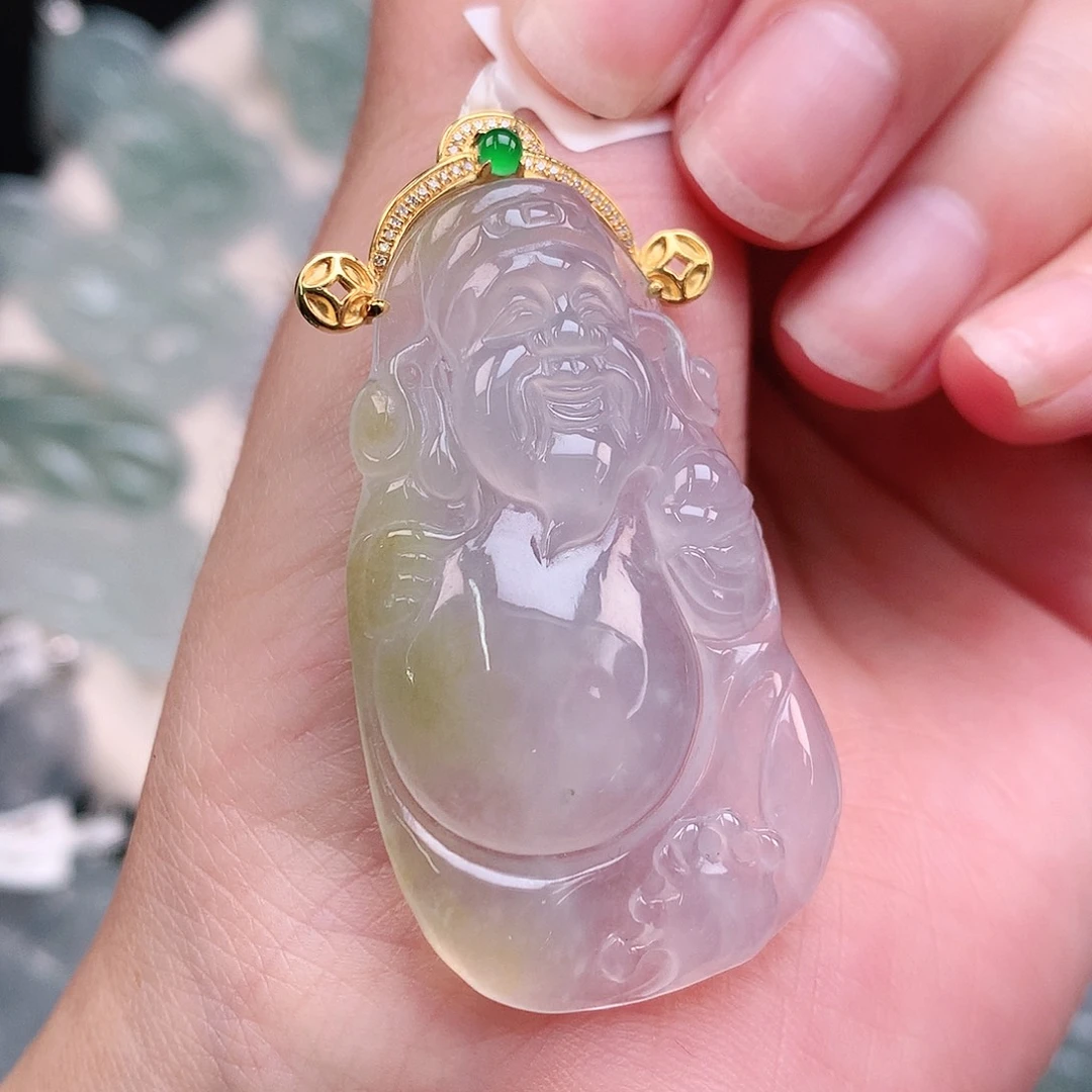 翡翠18K金镶嵌颈饰飘黄财神44.7、25.5、6