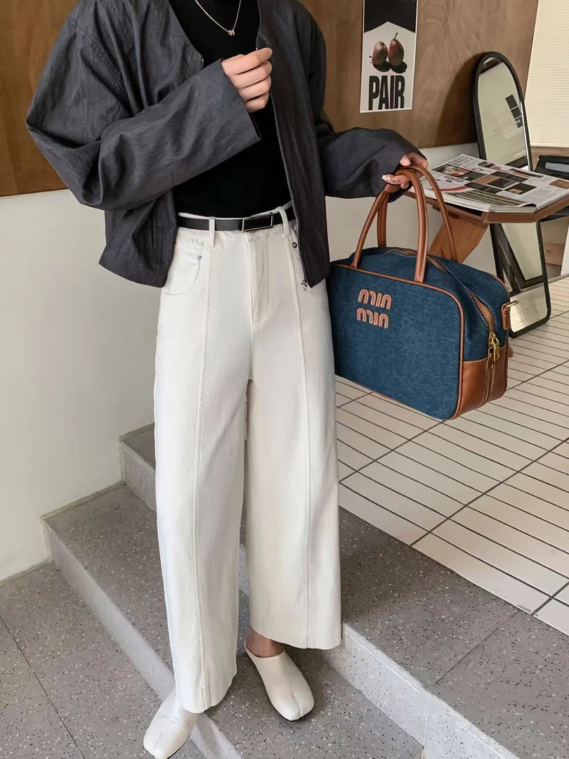 G871春季百搭女士气质阔腿白色牛仔裤