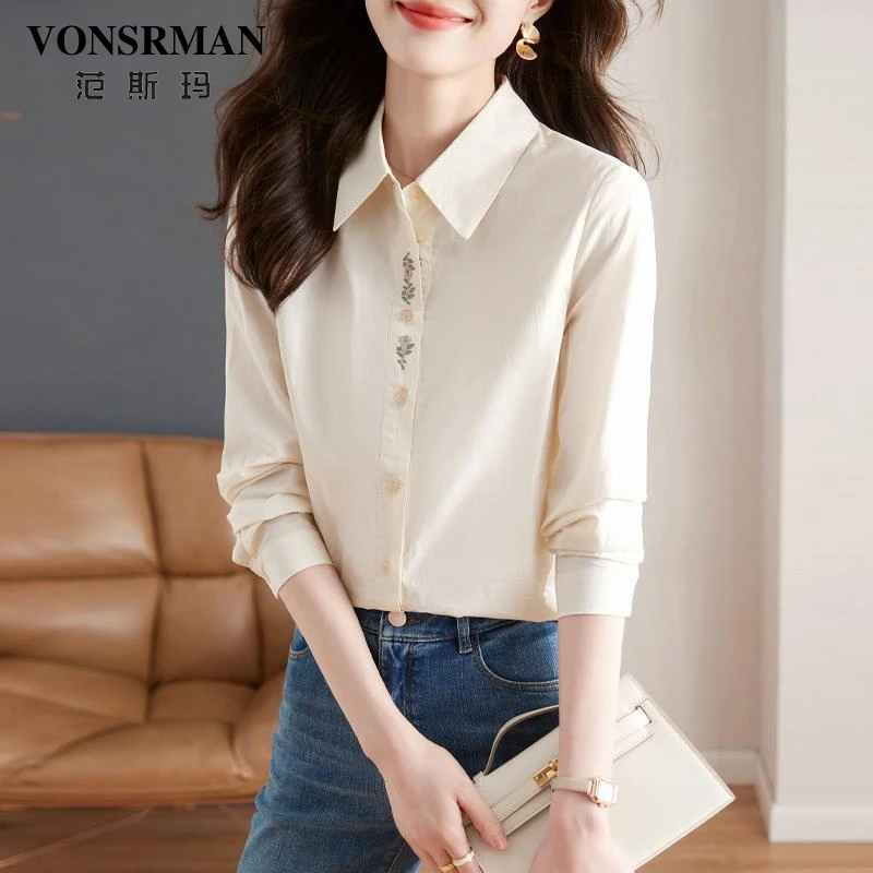 刺绣长袖衬衫女气质通勤衬衣2025春季新款法式甜美上衣