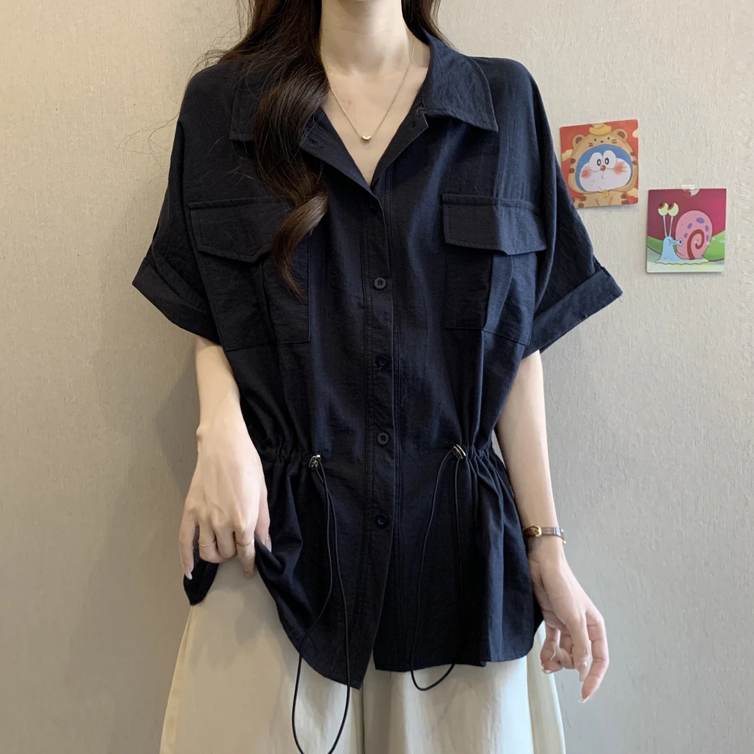 大码女装胖mm工装短袖衬衫2025新款夏季特别漂亮抽绳收腰遮肚上衣