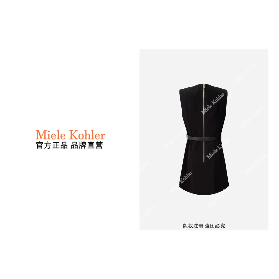 新款皮扣V领无袖气质收腰显瘦连衣裙MKOMB5486【澳门小源同款】