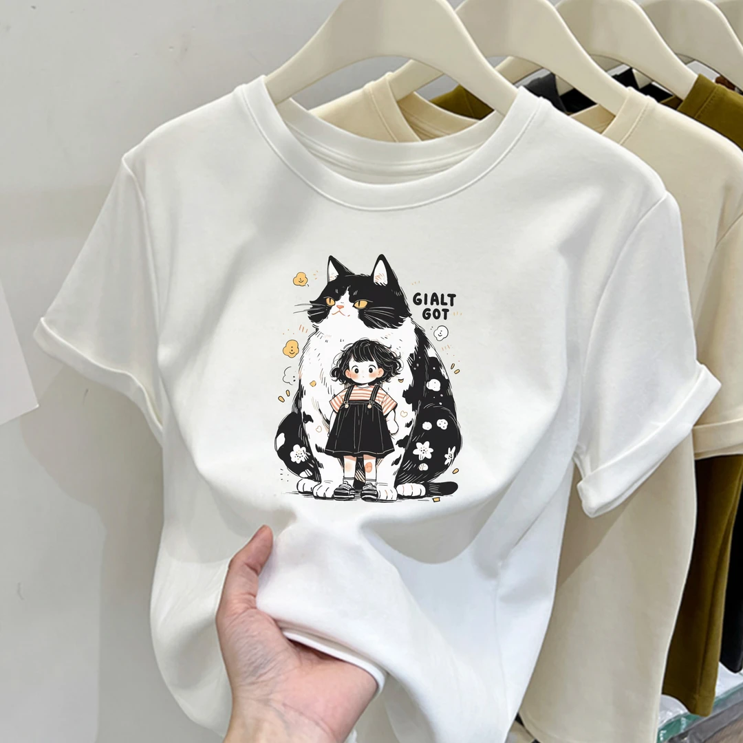 2025新款圆领短款牛奶猫女孩印花纯棉短袖T恤女小个子显瘦上衣