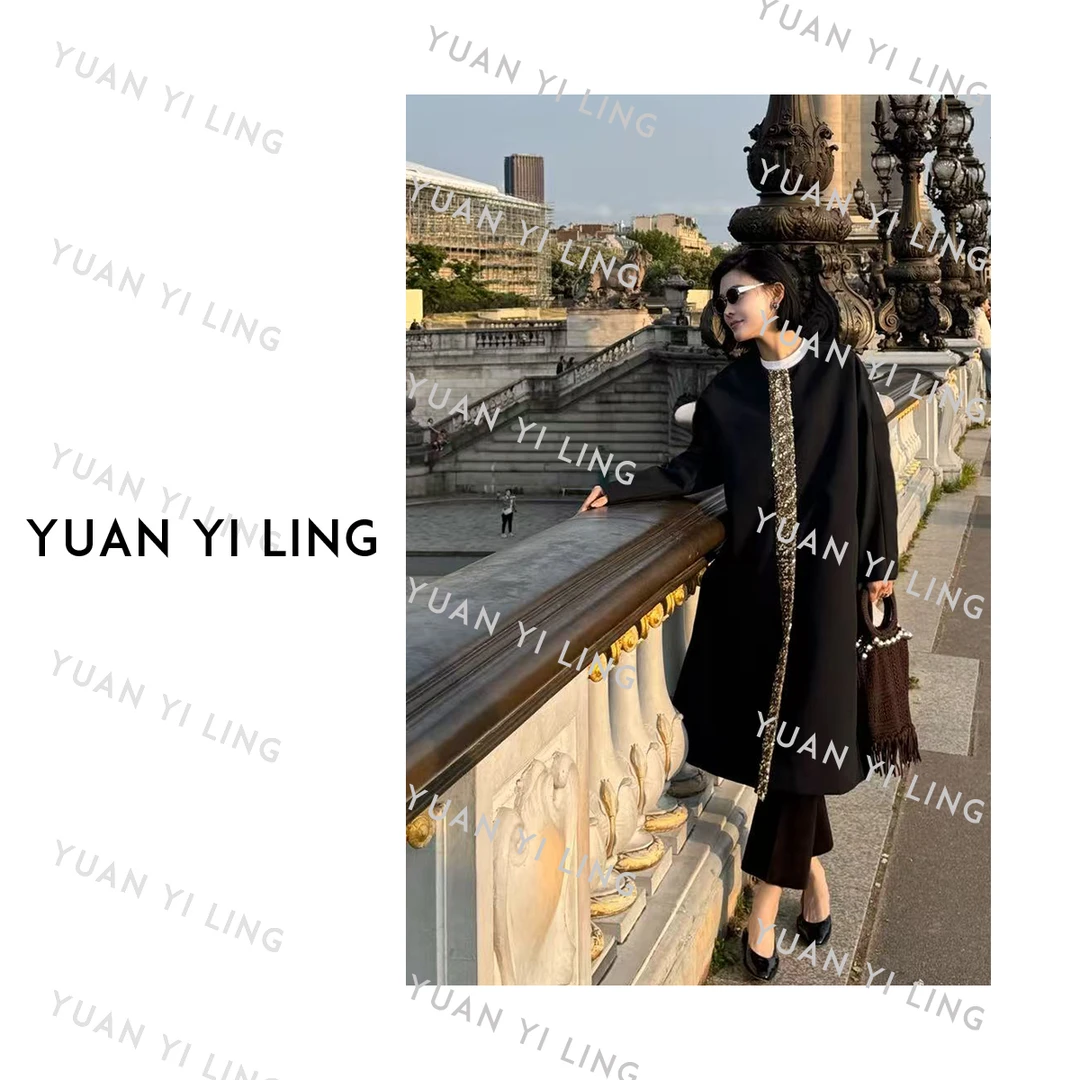 袁艺灵【秀款】25秋季黑金钉珠廓形绢丝羊毛风衣（干洗）9016/9091