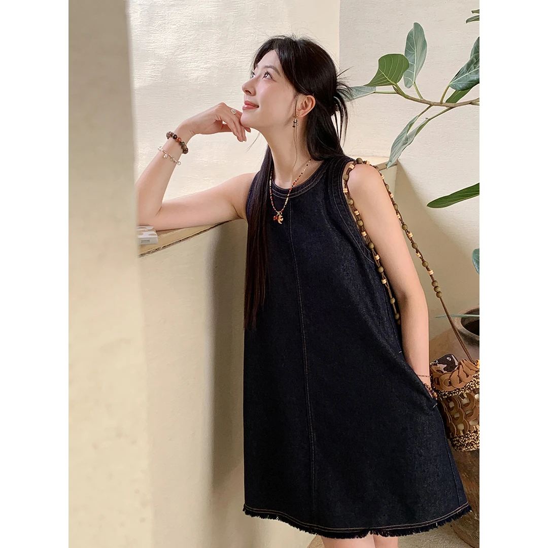 夏诗文 天丝莱赛尔棉无袖连衣裙女防褪色原色牛仔裙