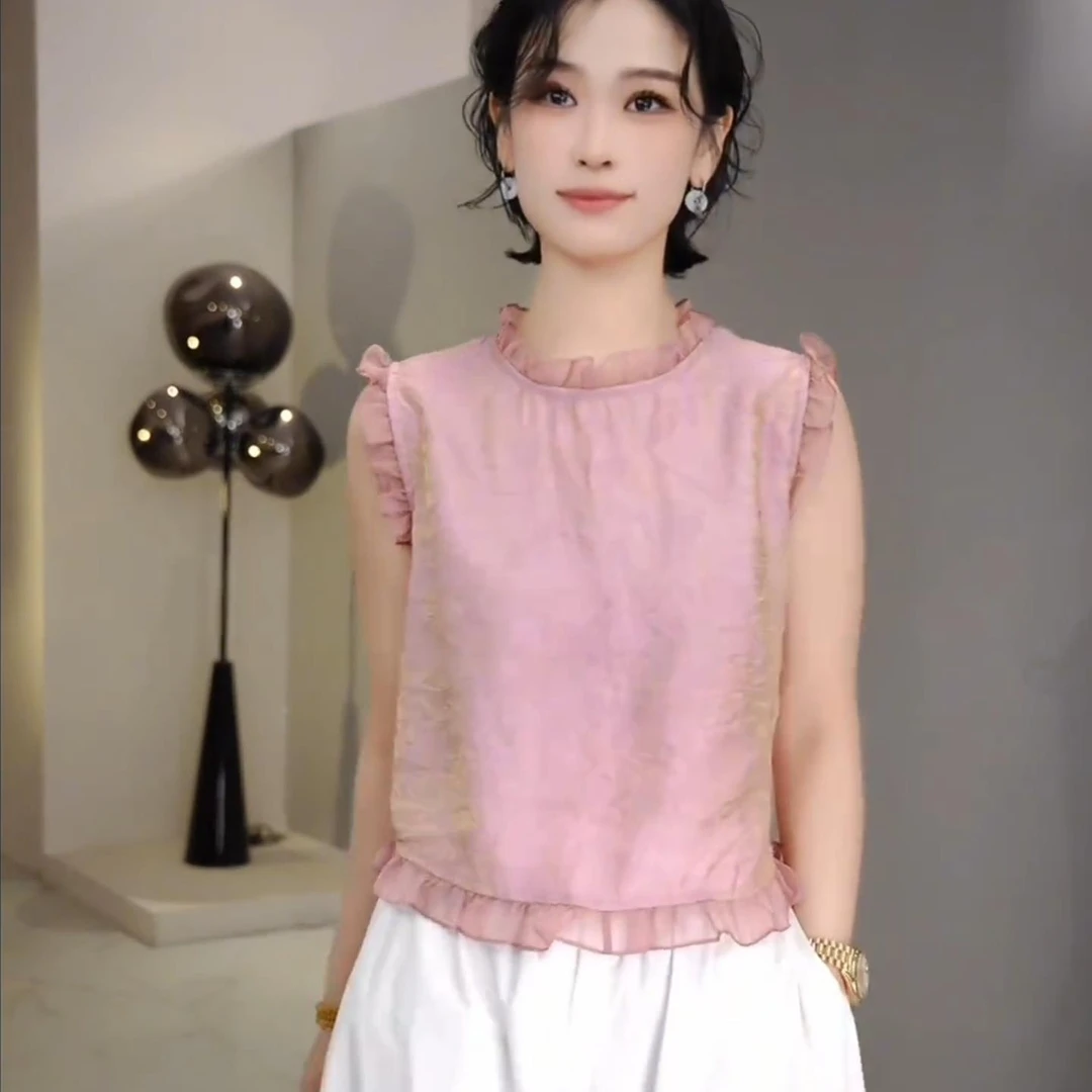 韩系蕾丝花边无袖衬衫女2025夏季新款小个子减龄百搭洋气小衫上衣