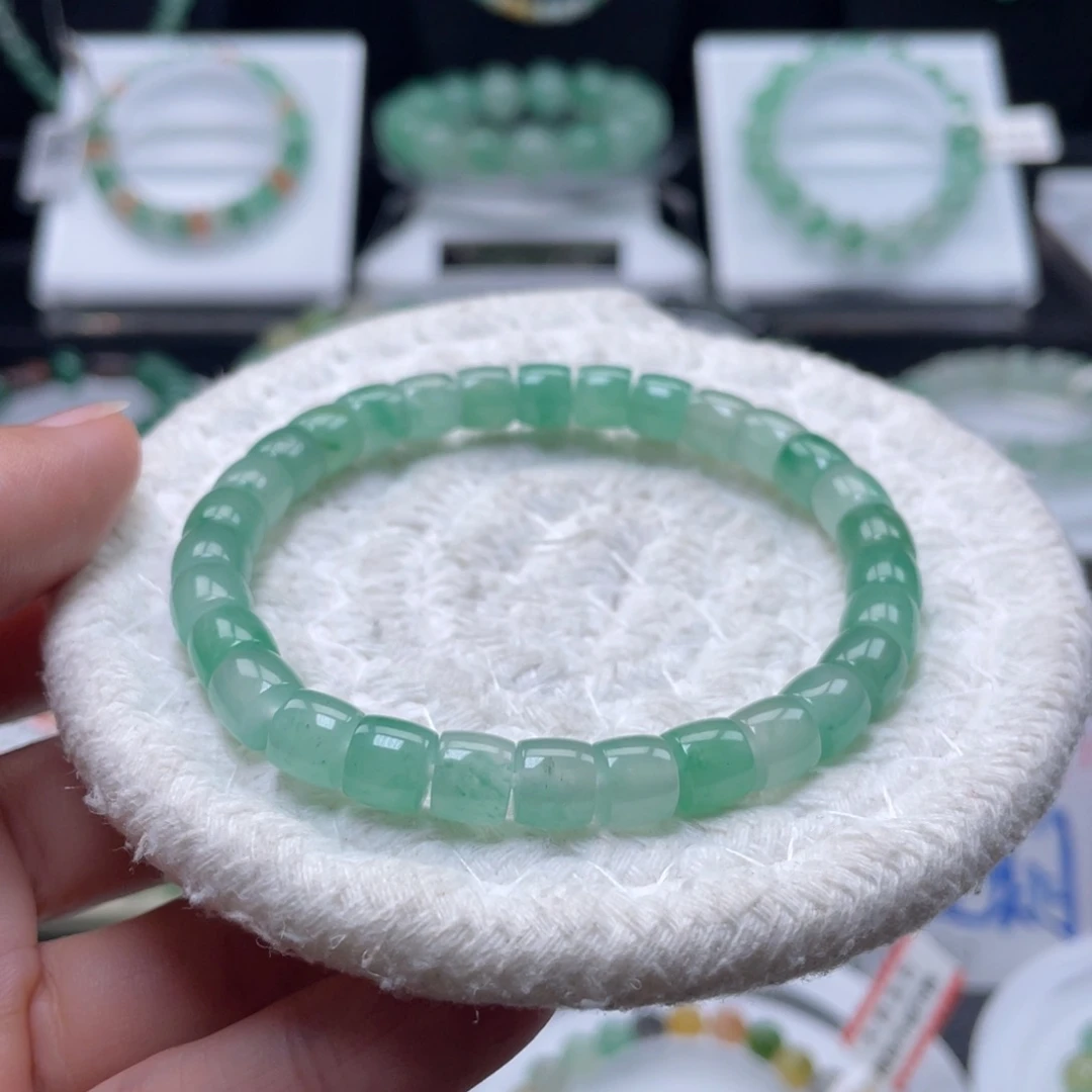 石英质玉（非洲翠）未镶嵌手串卡7，晴水绿胶润桶珠30颗，捡漏