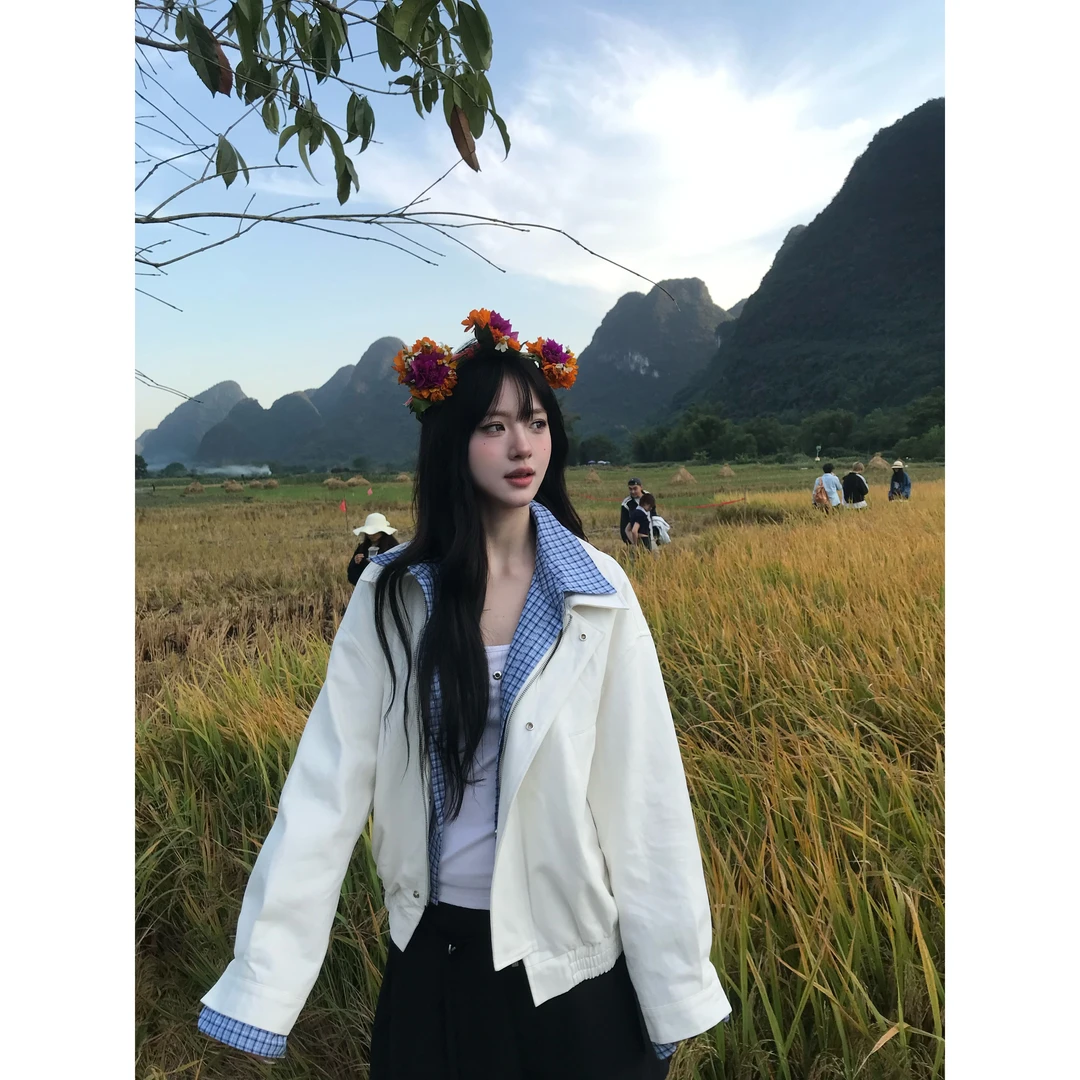 蓝白格撞色翻领刺绣假两件夹克外套女2025早秋宽松休闲设计感上衣