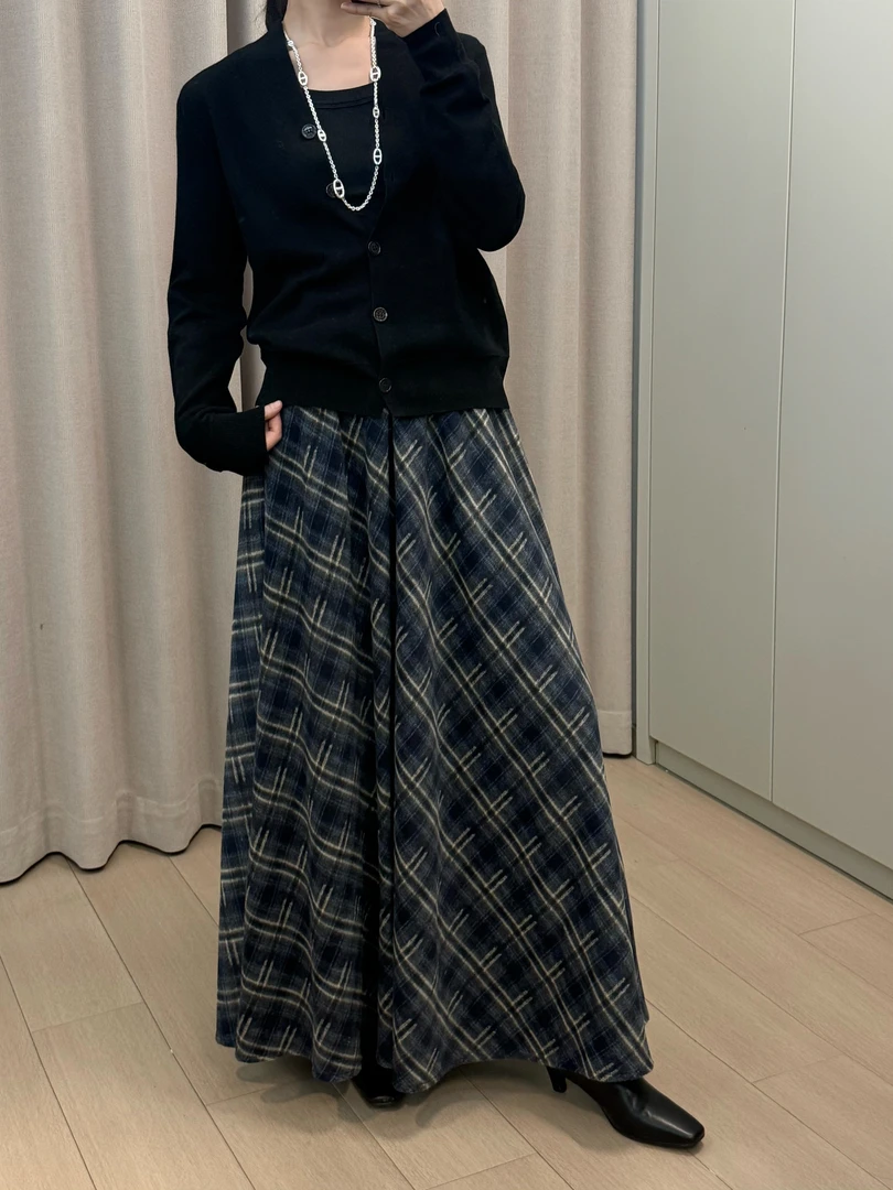 【丽】280大摆毛呢高腰格子复古百搭中长裙半身裙女2025秋冬新款